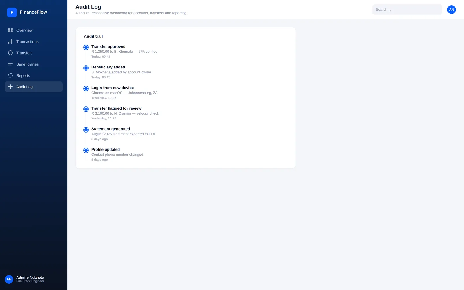 FinanceFlow — Audit log screen