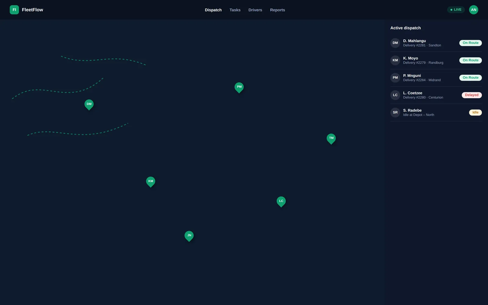 FleetFlow — Live dispatch map screen