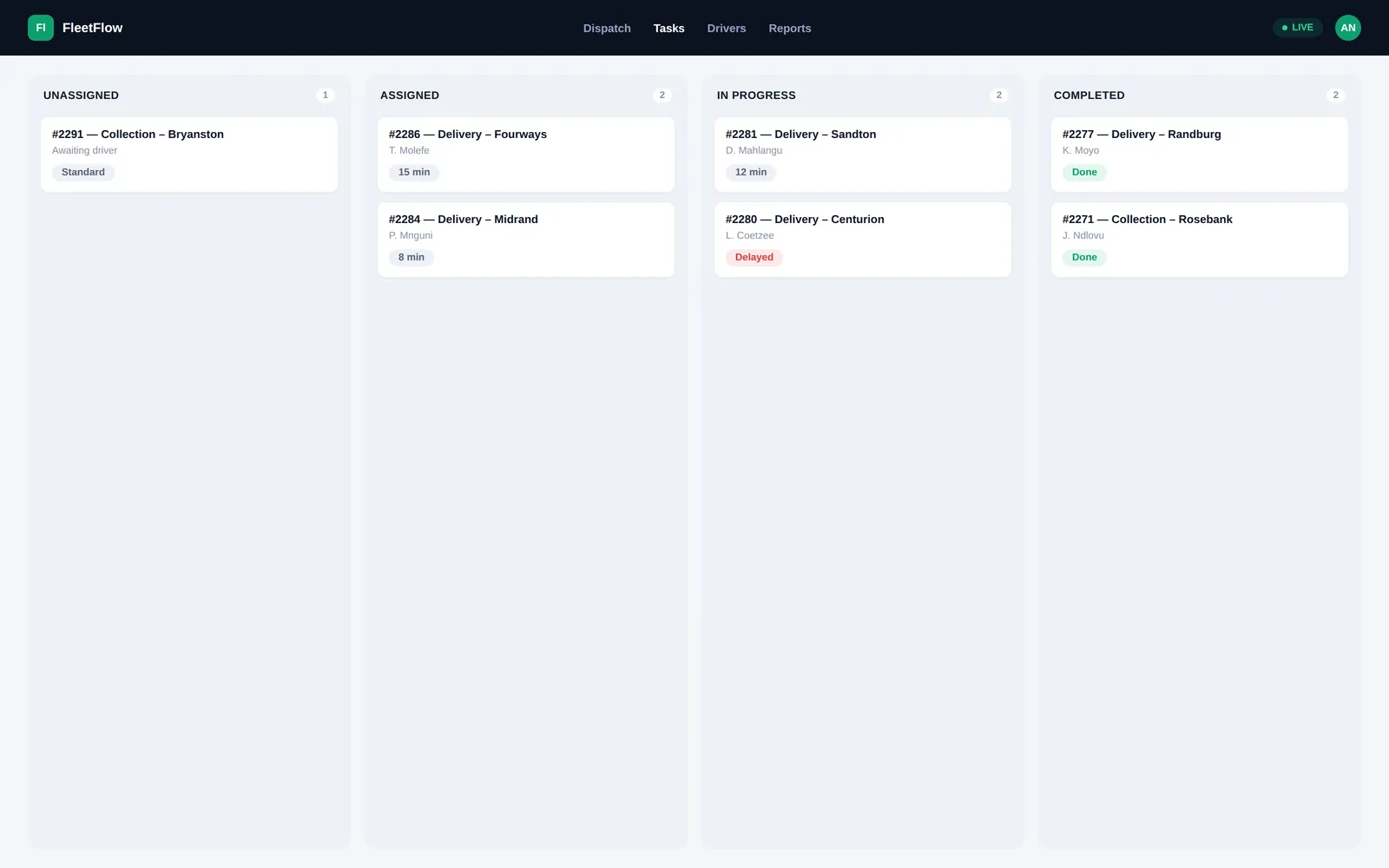 FleetFlow — Task board screen
