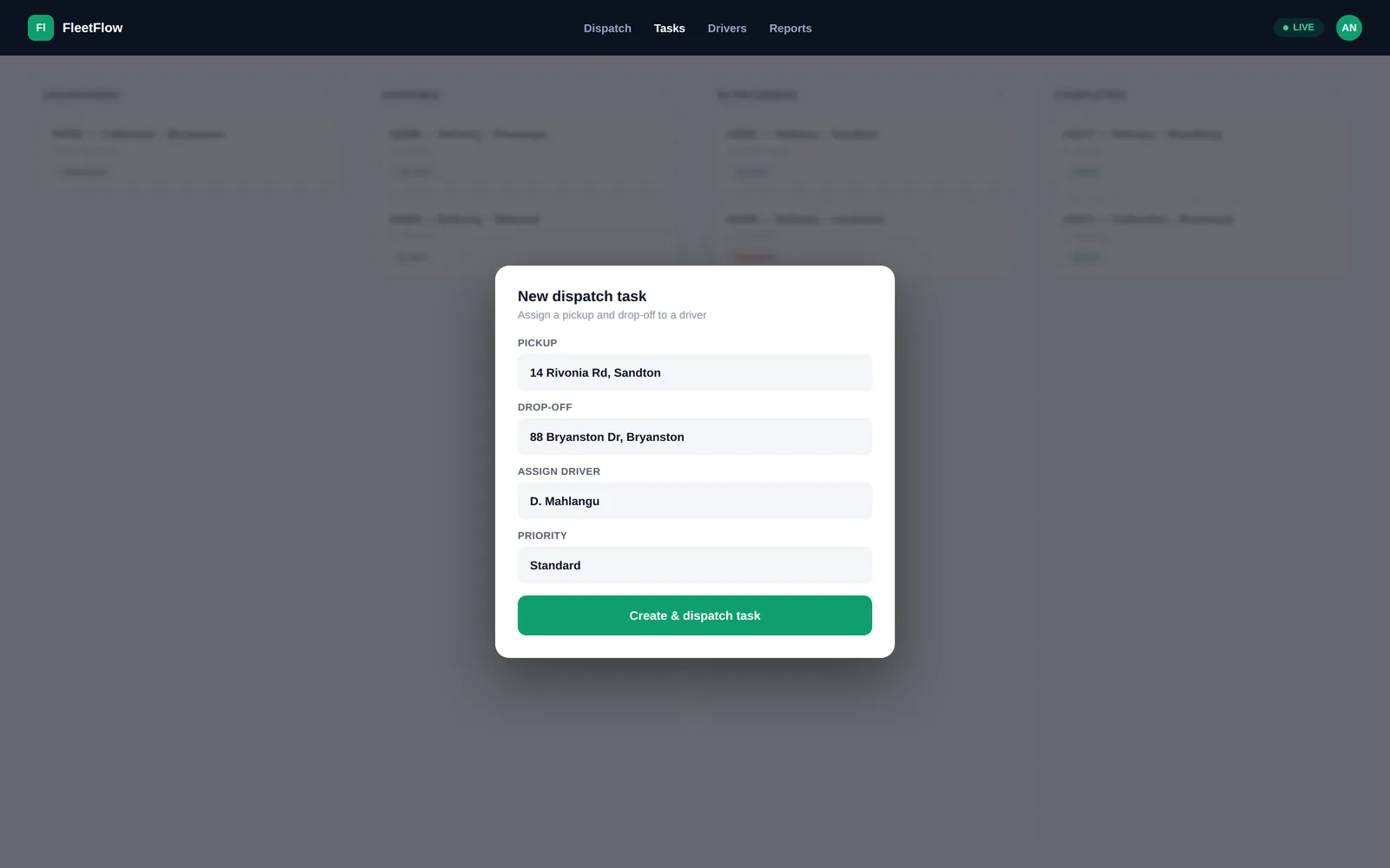 FleetFlow — New task screen