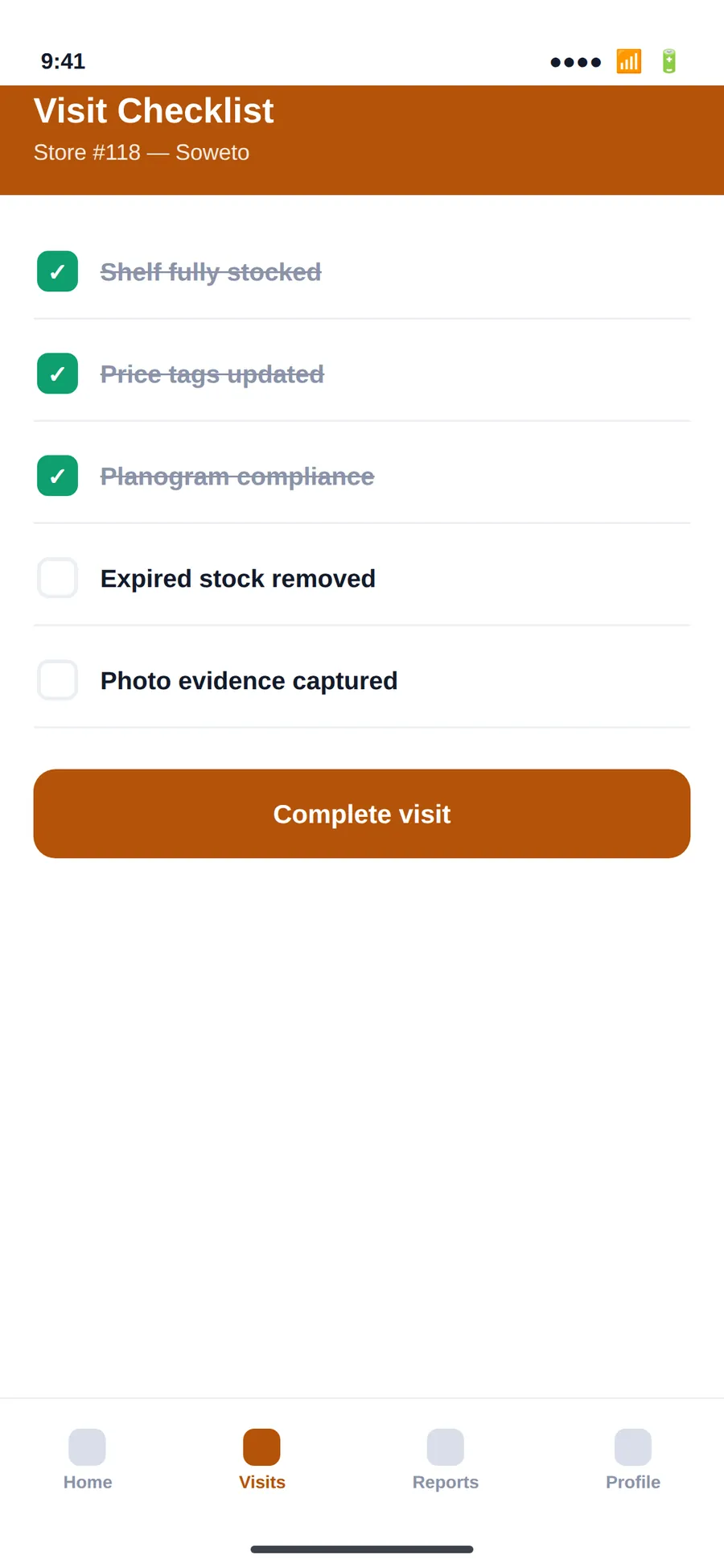 Knights-Nestle — Mobile — visit checklist screen