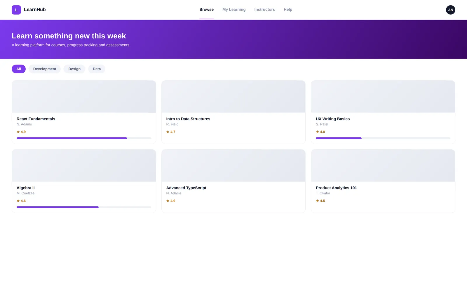 LearnHub — Course catalogue screen
