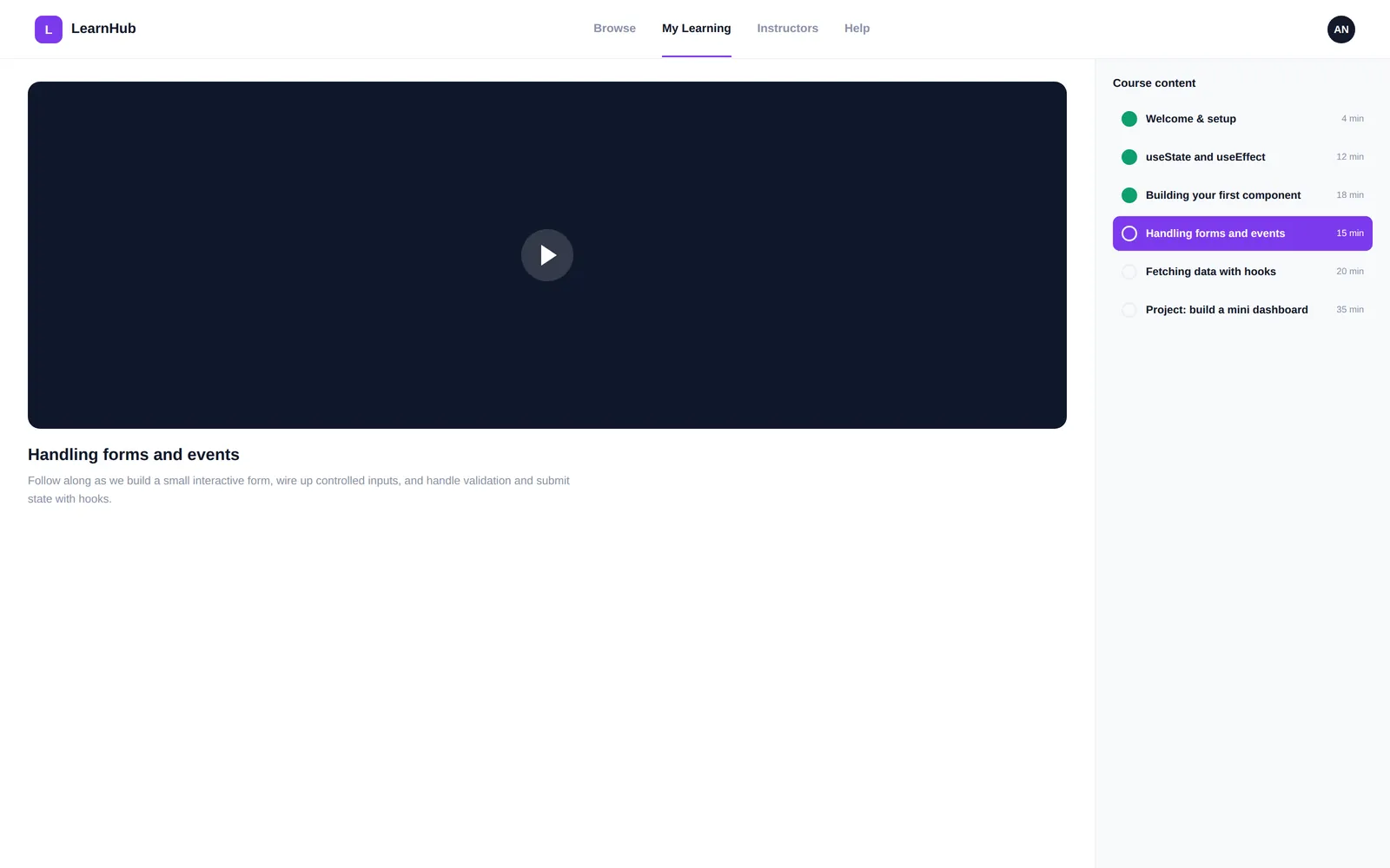 LearnHub — Lesson player screen