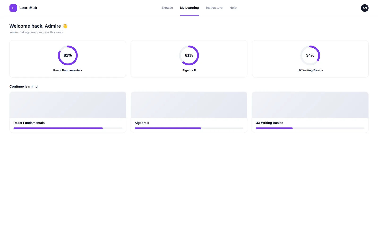 LearnHub — Learner dashboard screen