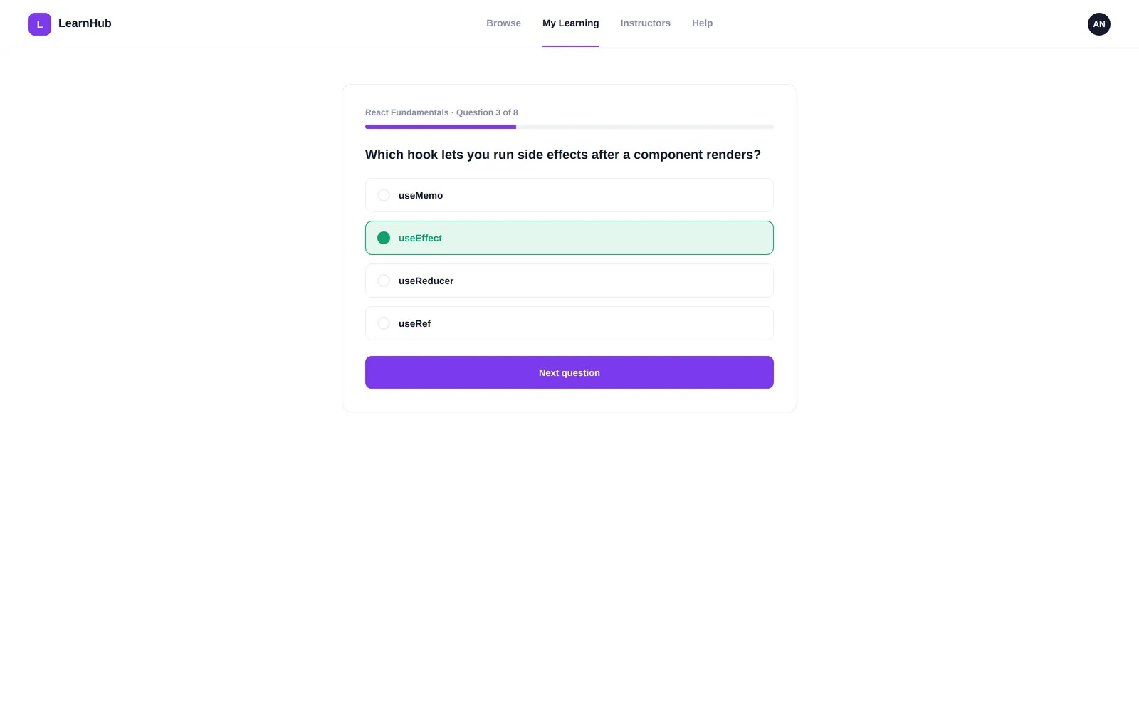LearnHub — Assessment screen