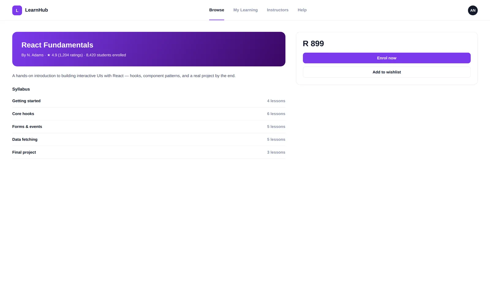 LearnHub — Course landing page screen