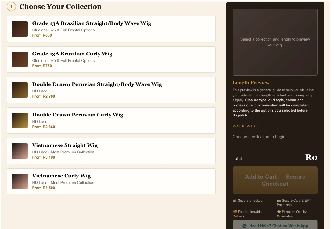 Lwazi Hair — Build Your Wig — choose a collection screen