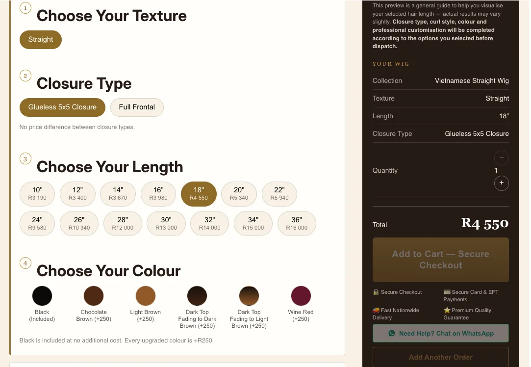 Lwazi Hair — Wig builder — texture, closure, length & colour screen