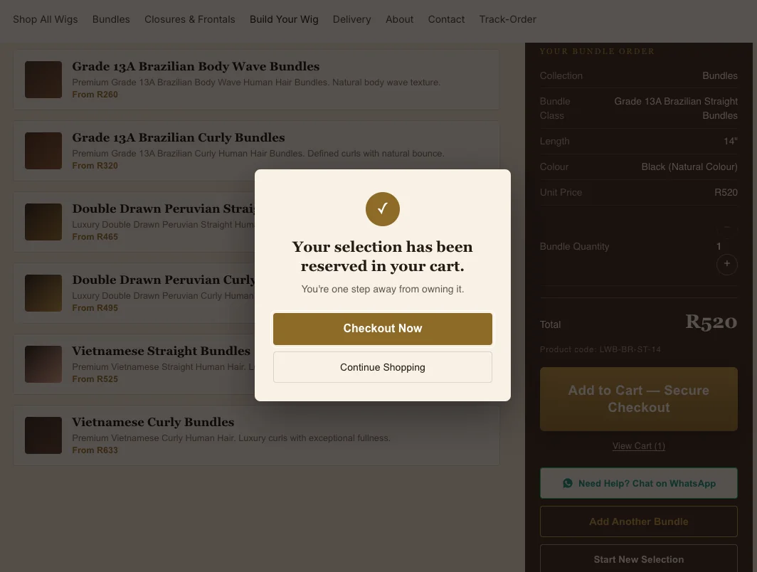 Lwazi Hair — Cart reservation confirmation screen