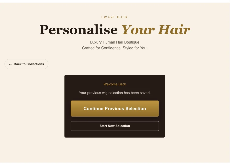 Lwazi Hair — Saved selection — welcome back screen