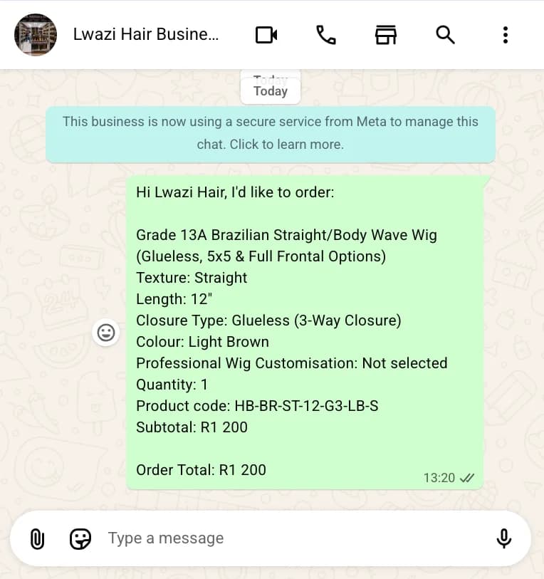 Lwazi Hair — WhatsApp order with product code screen