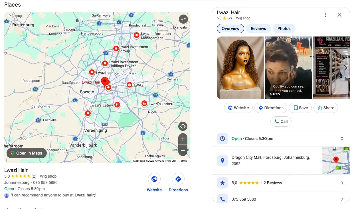 Lwazi Hair — Google Business profile screen