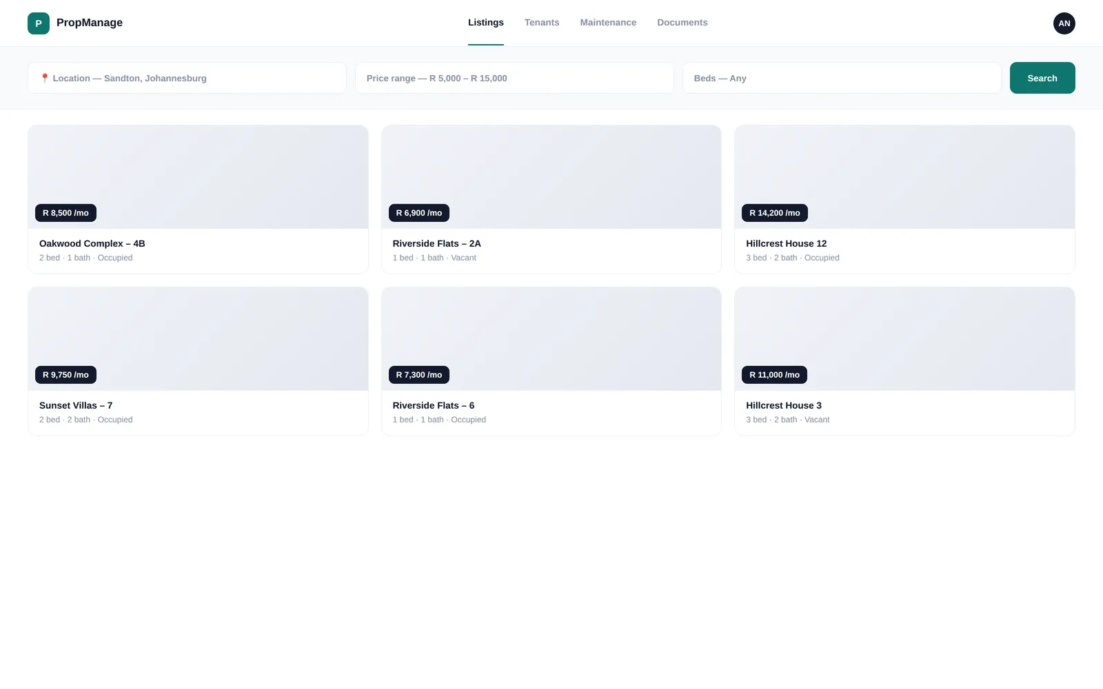 PropManage — Listings grid screen