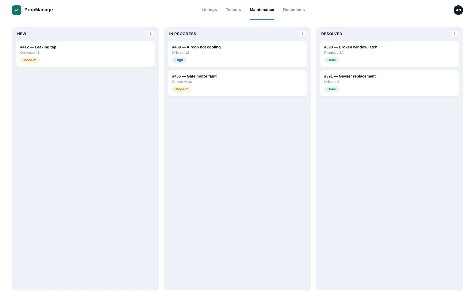 PropManage — Maintenance board screen