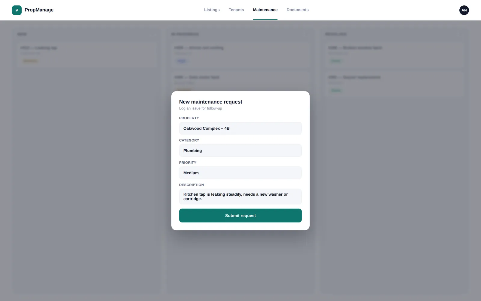 PropManage — New maintenance request screen