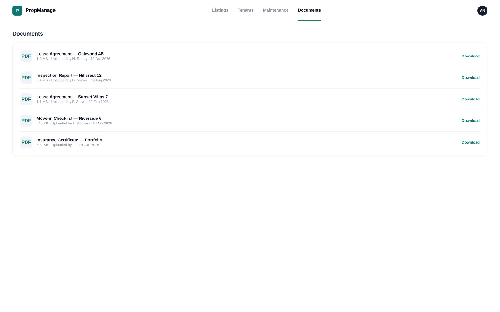PropManage — Documents screen