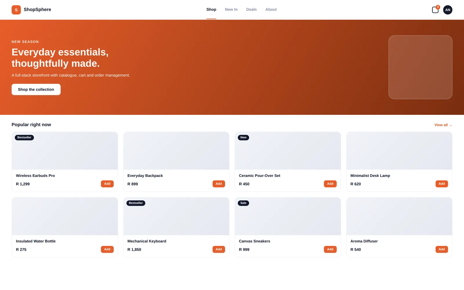 ShopSphere — Storefront screen
