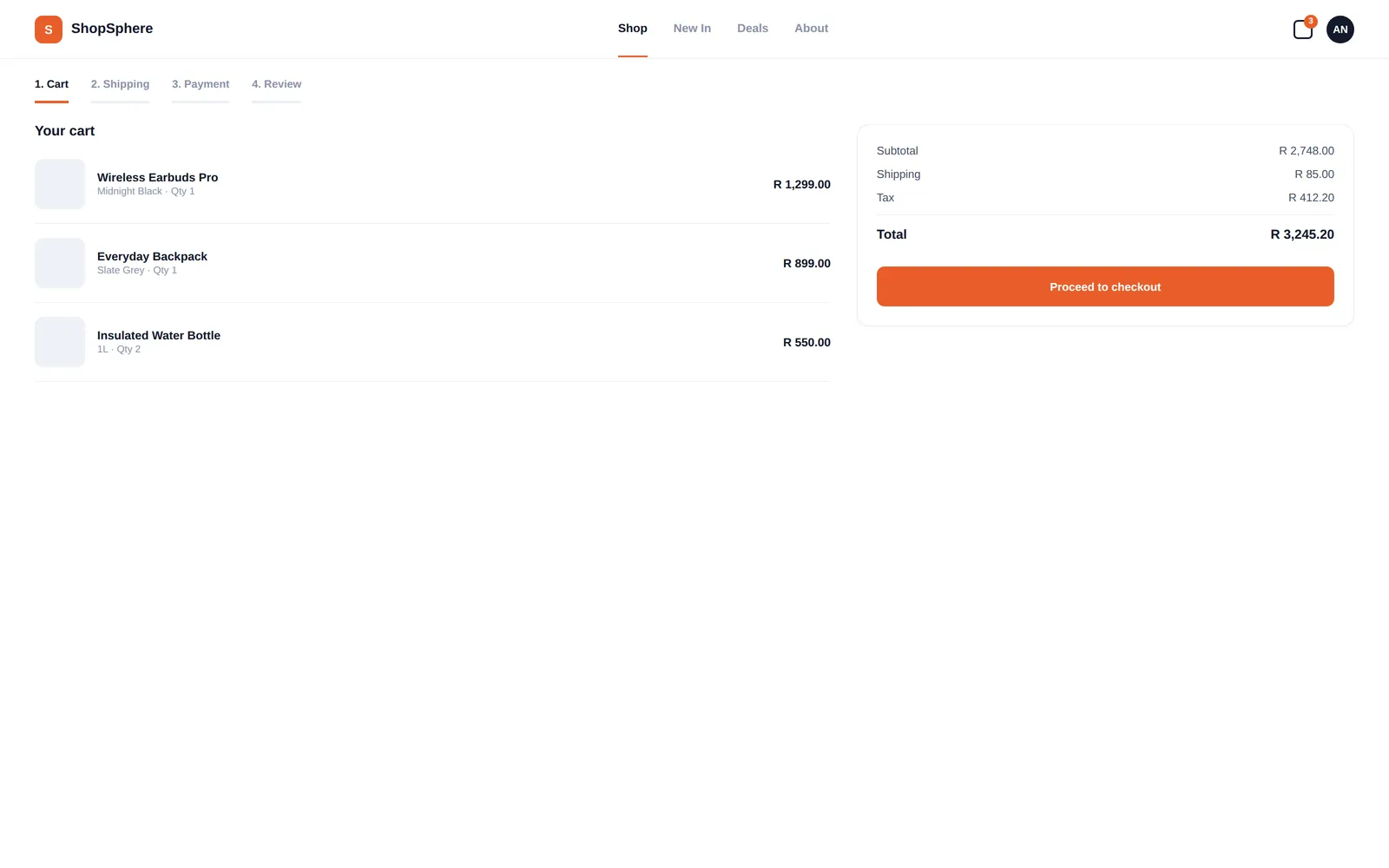 ShopSphere — Cart & checkout screen