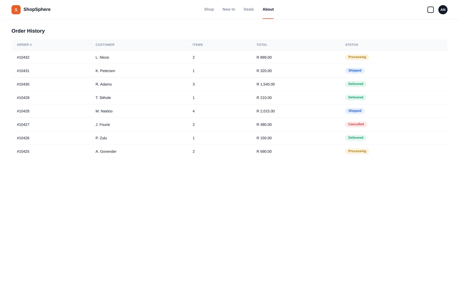 ShopSphere — Order history screen