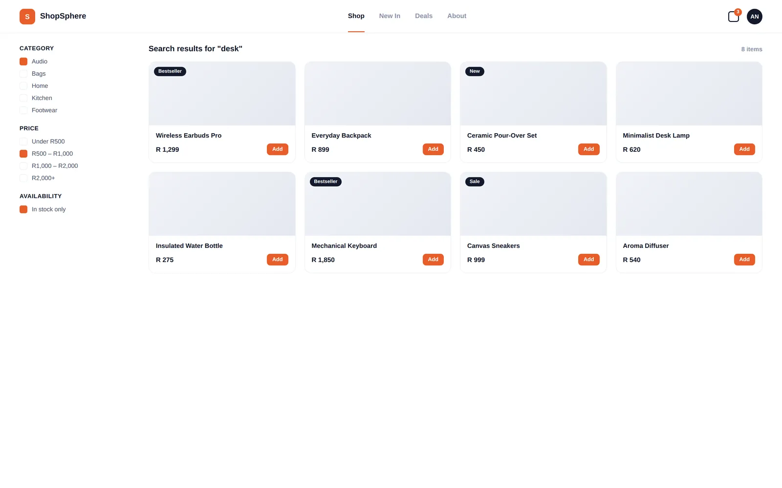 ShopSphere — Search & filters screen