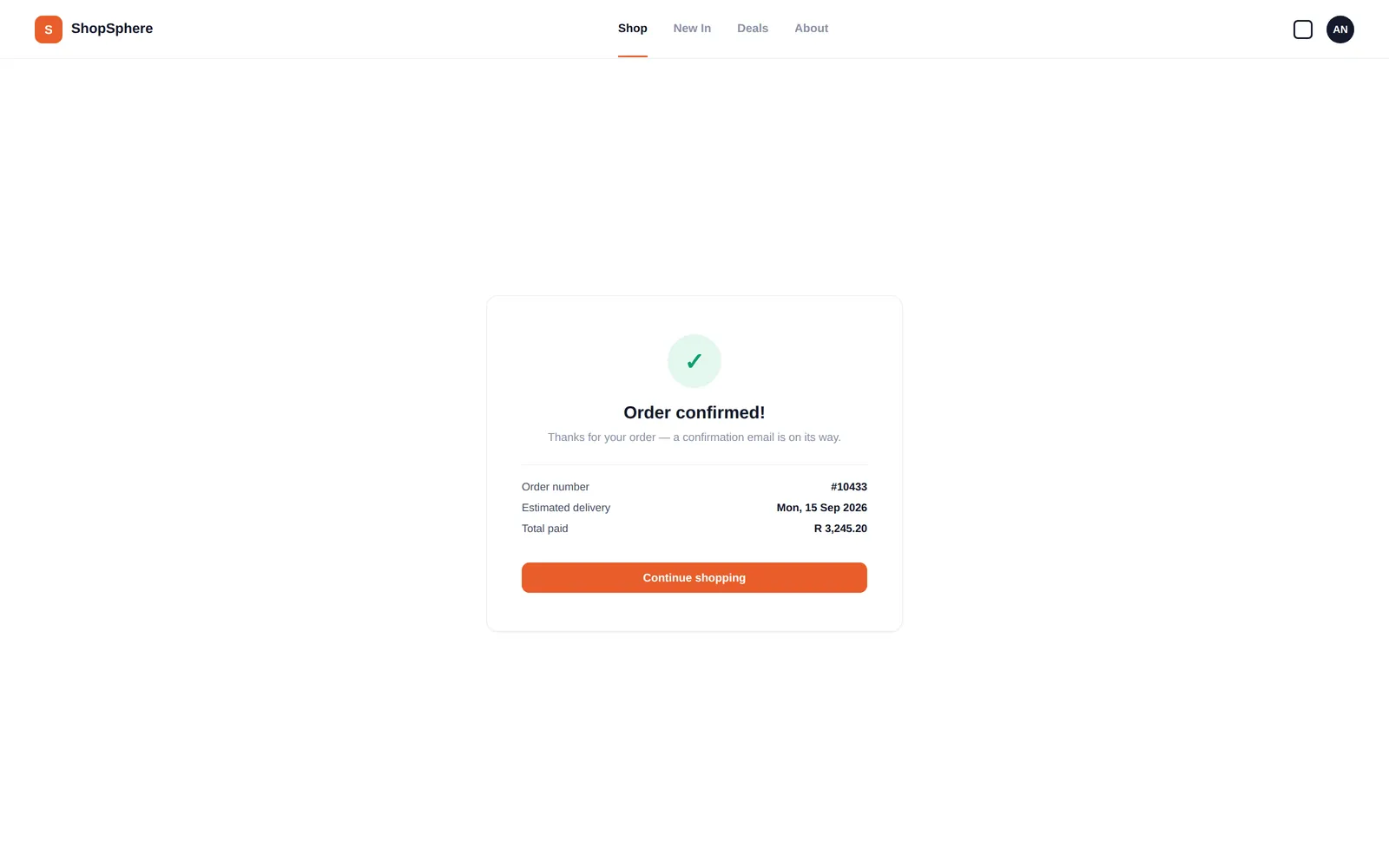 ShopSphere — Order confirmation screen