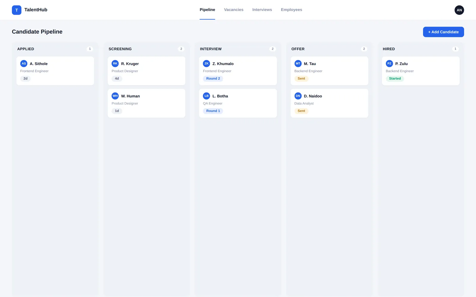 TalentHub — Candidate pipeline screen