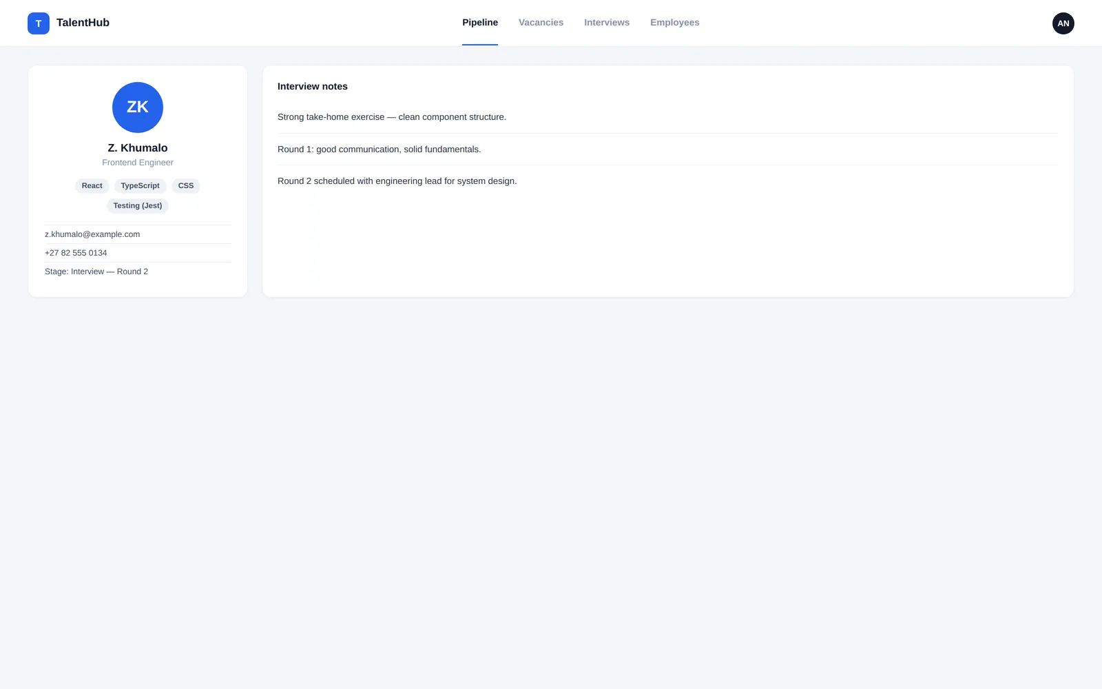 TalentHub — Candidate profile screen