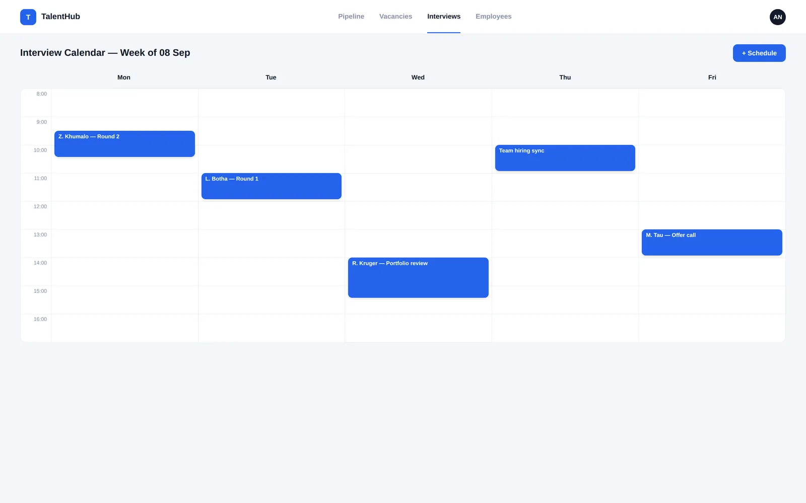 TalentHub — Interview calendar screen