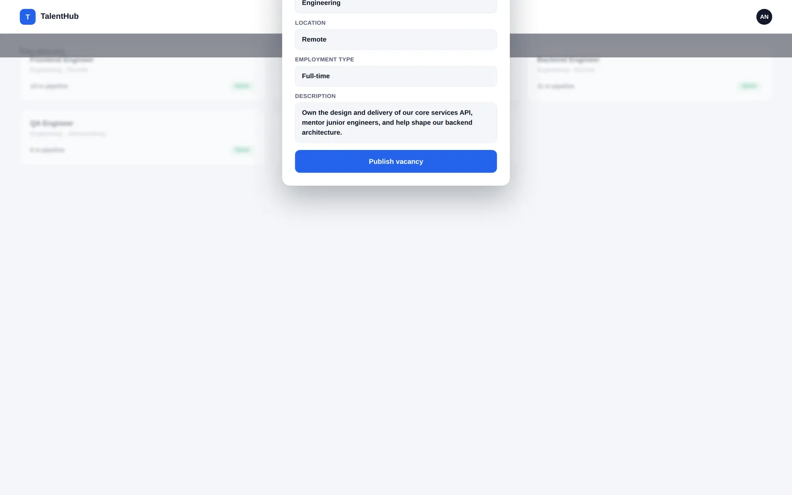 TalentHub — New vacancy screen