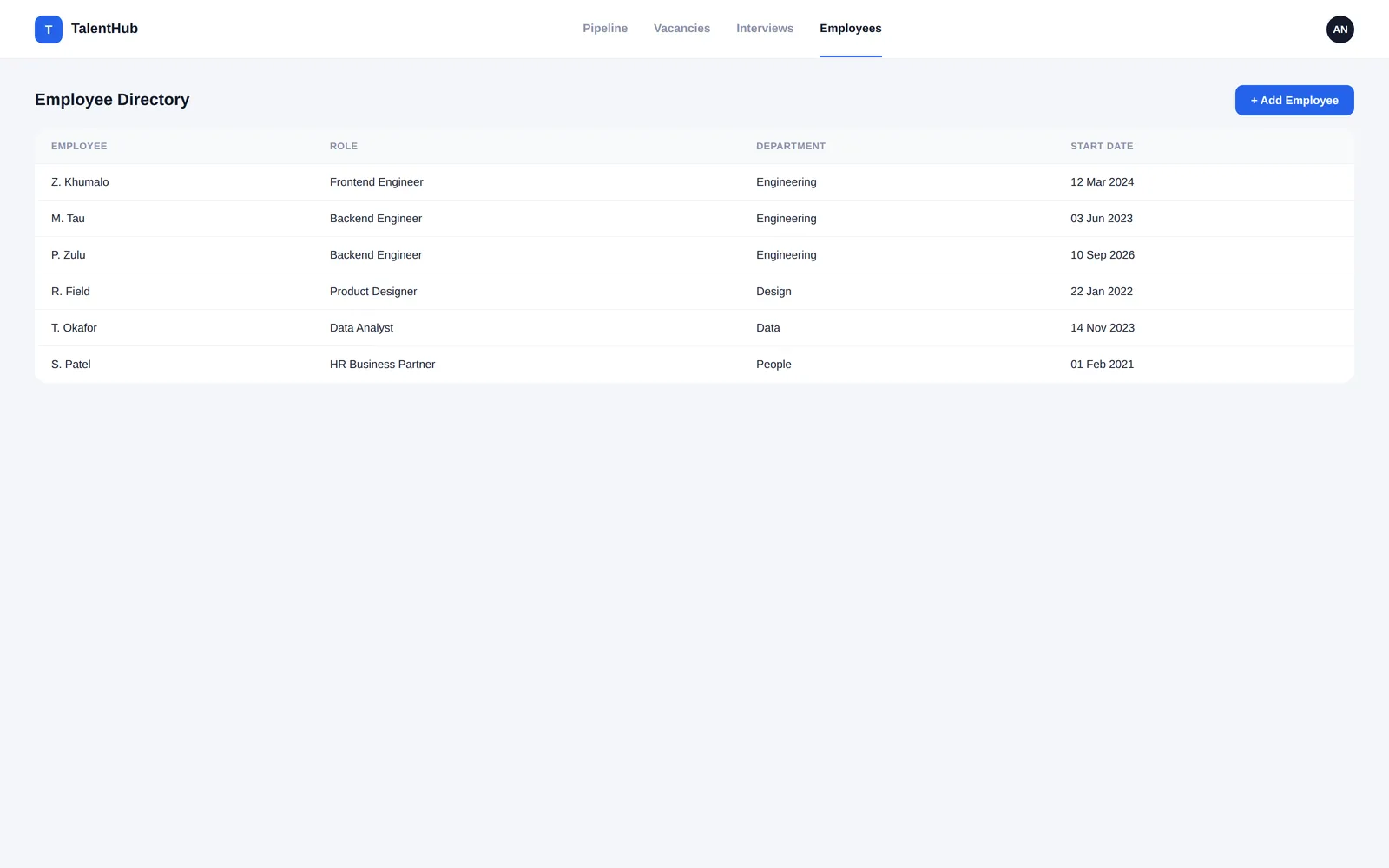 TalentHub — Employee directory screen