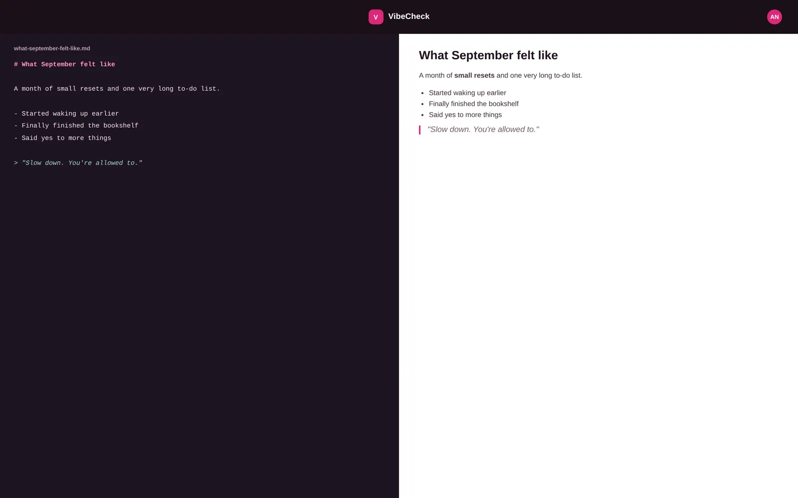 VibeCheck — Markdown editor screen