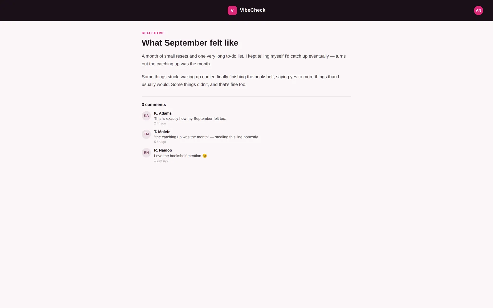 VibeCheck — Post detail screen