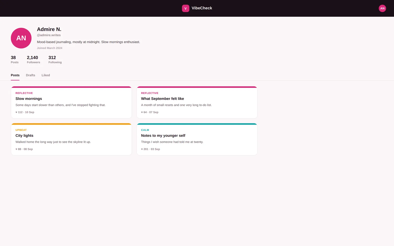 VibeCheck — Author profile screen