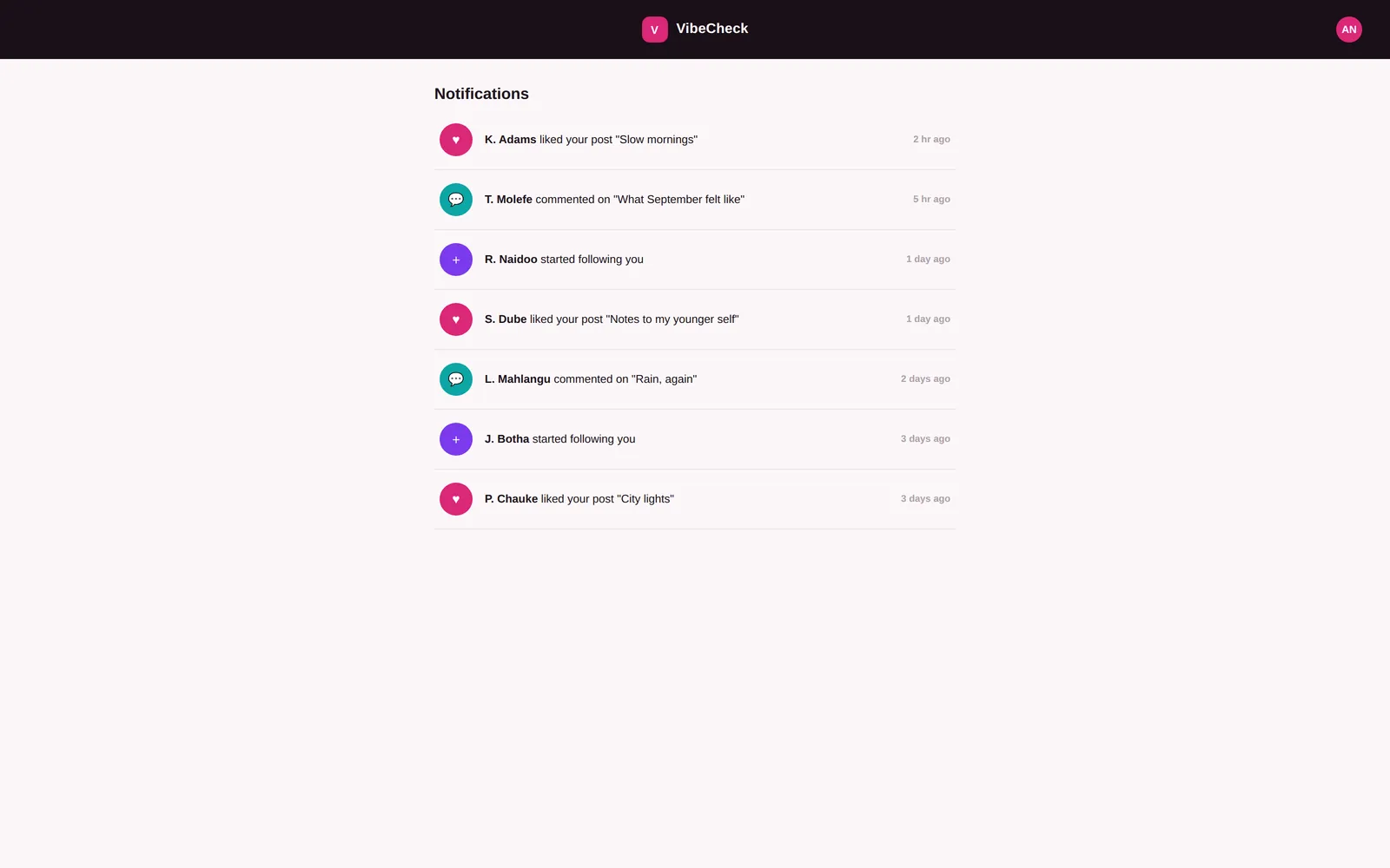 VibeCheck — Notifications screen